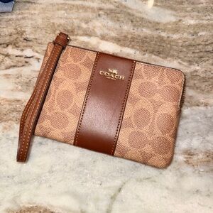 Coach Signature Beige and Brown Wristlet